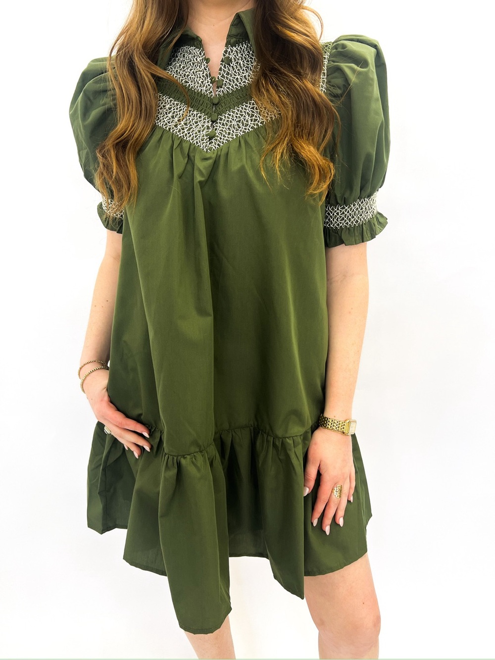 entro Olive Green Puff-Sleeve Babydoll Dress with Smocked Detail